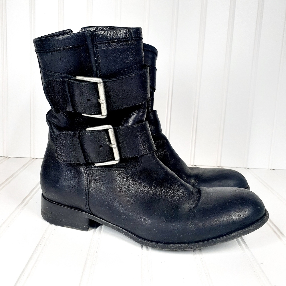 Free Lance Double Buckle Black Leather Moto Combat Ankle Boots E634